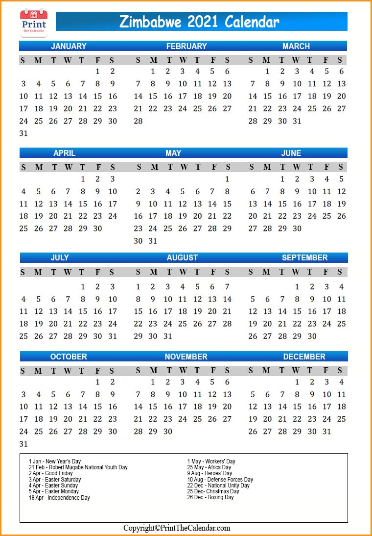 Zimbabwe Calendar 2021
